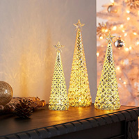 LED Mercury Glass Christmas Trees w/Star on Top, Warm White LED