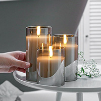 Real Wax Flicker Flameless Pillar Candles in Smoked Glass Cylinder