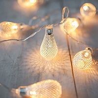 LED Silver Metal Meshed Teardrop String Lights, Warm White, Clear Wire 