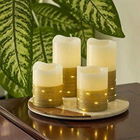 LED Real Wax Half Metallic Wrapped Pillar Candles w/LED Firefly Wire fairy Lights
