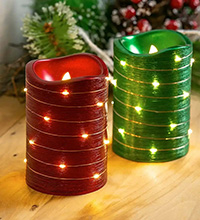 LED Real Wax Metallic Wrapped Pillar Candles w/LED Firefly Wire fairy Lights